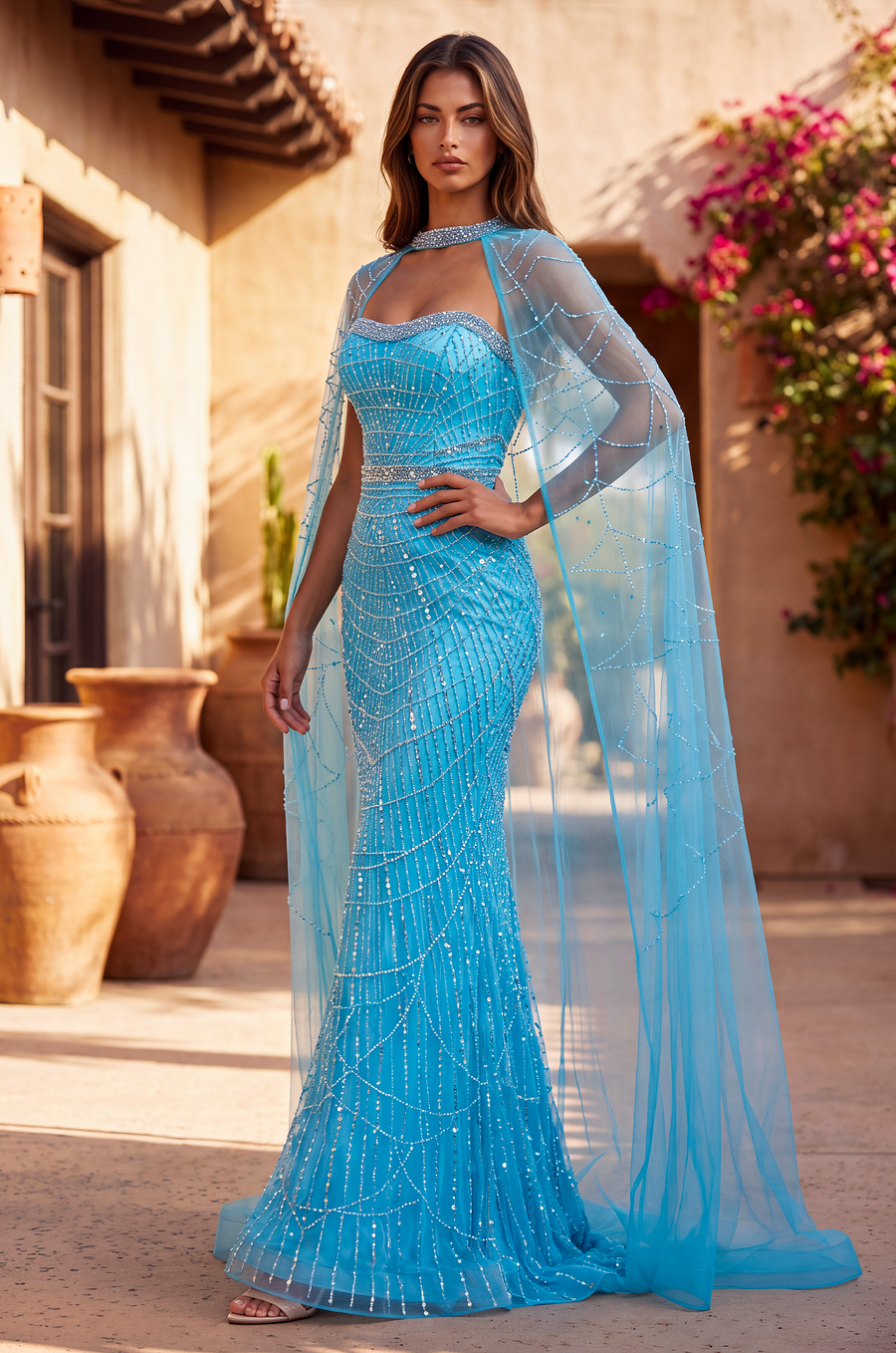 Luxe Fully Embellished Cape Dress with Sweetheart Neckline Rhinestones and Pearl Details Wholesale