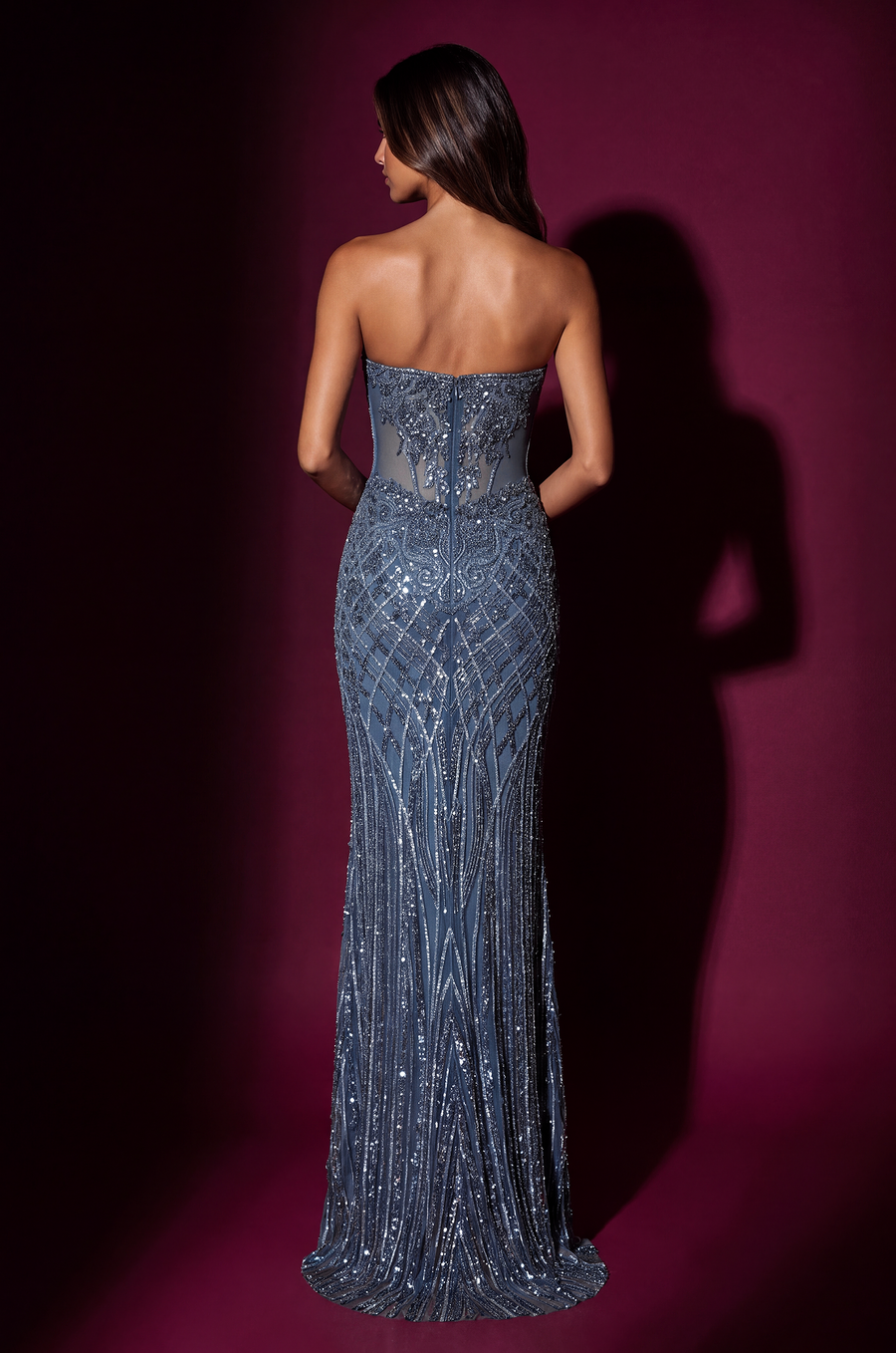 Strapless sequin formal gown in Periwinkle, back view
