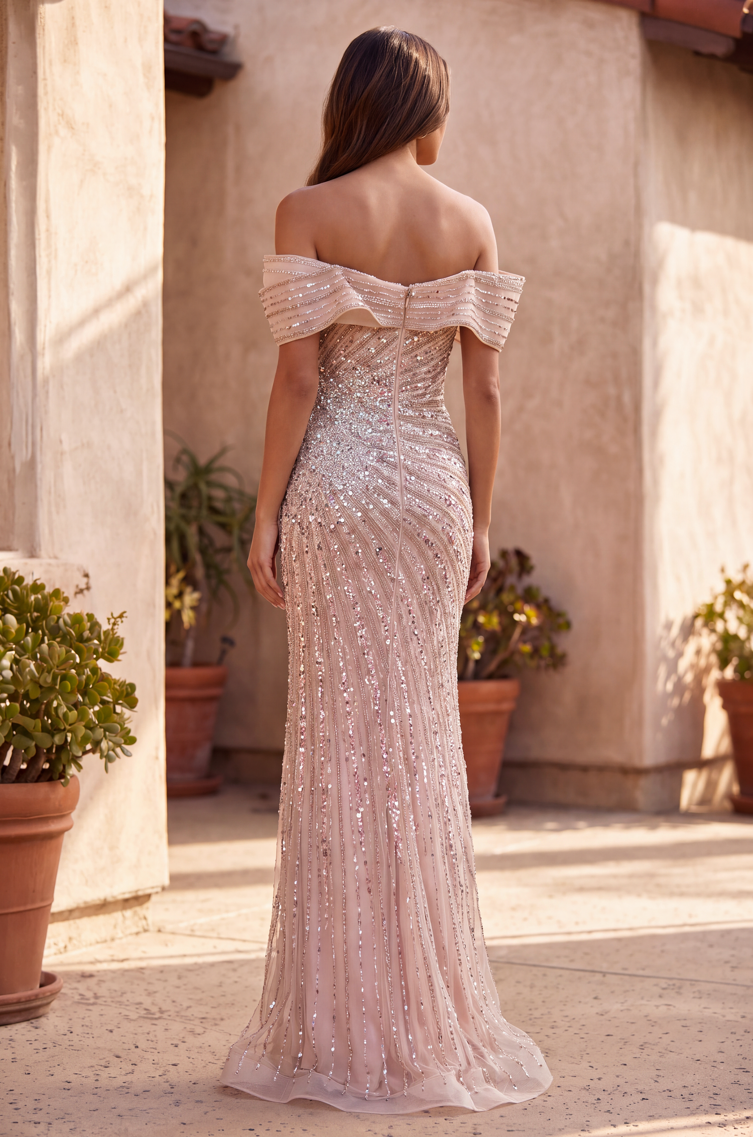 Prom Beaded Draped Sleeve Mesh Formal Dress