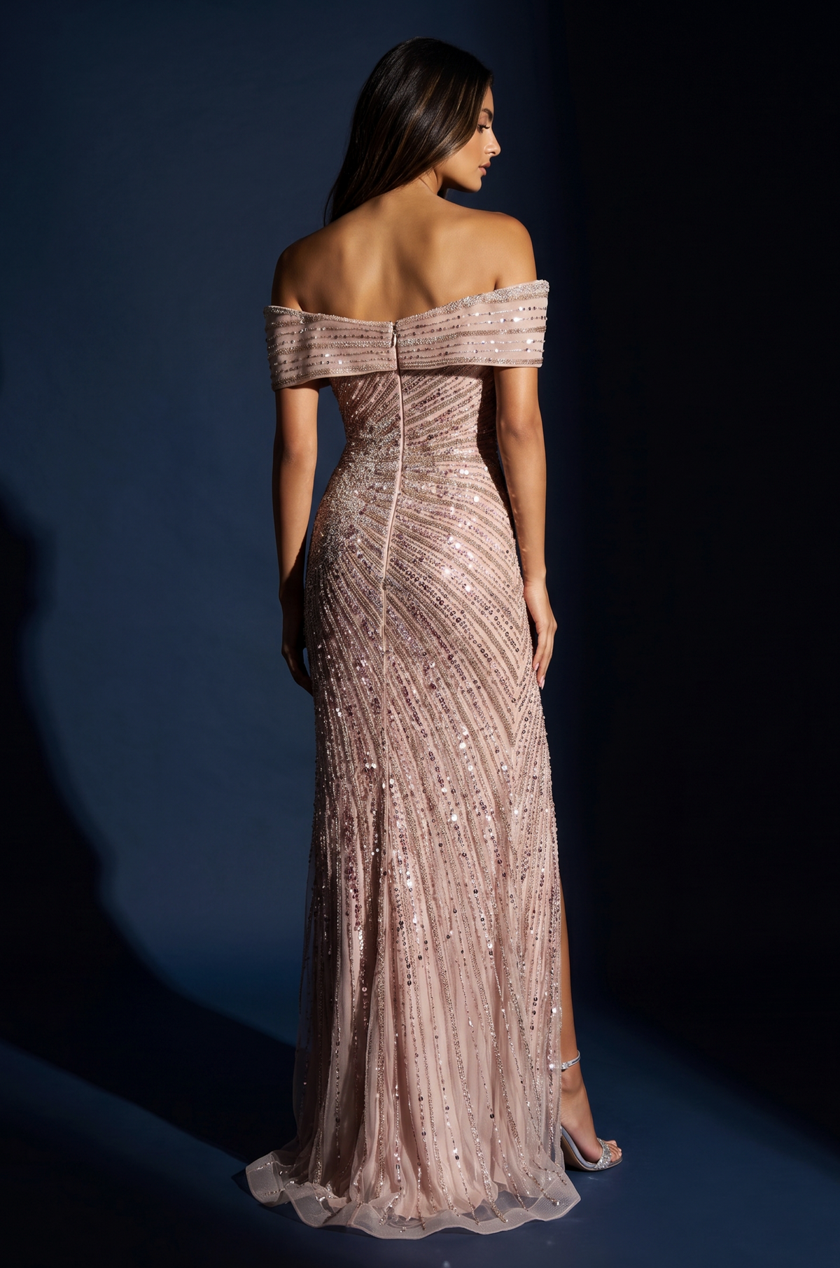 Formal Fully Beaded Sequined Fitted Evening Gown Wholesale