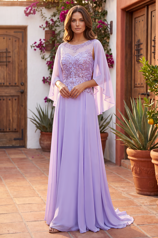 Long Mother of the Bride Cape Sleeve Dress Wholesale