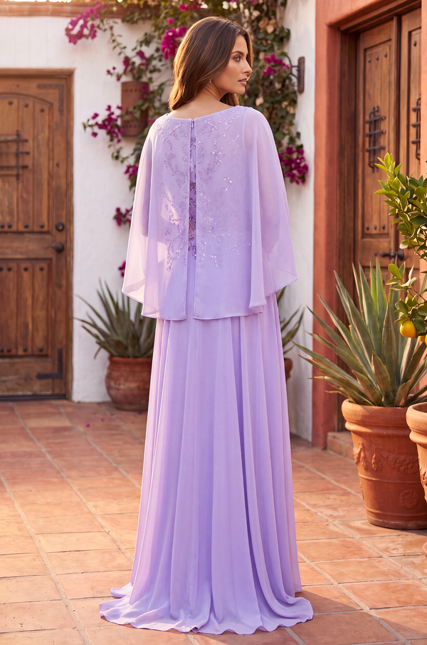 Long Mother of the Bride Cape Sleeve Dress Wholesale