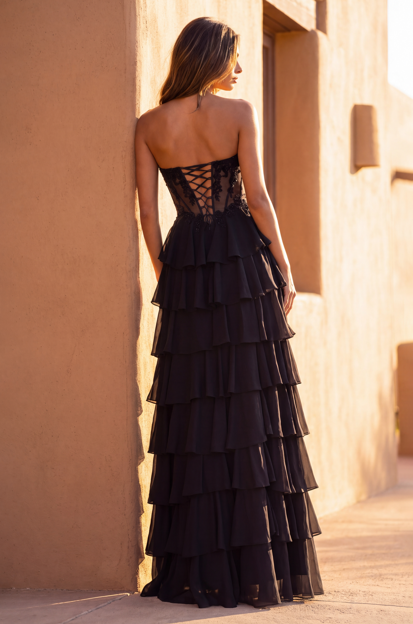 Formal Lace Corset Tiered Ruffle Evening Gown