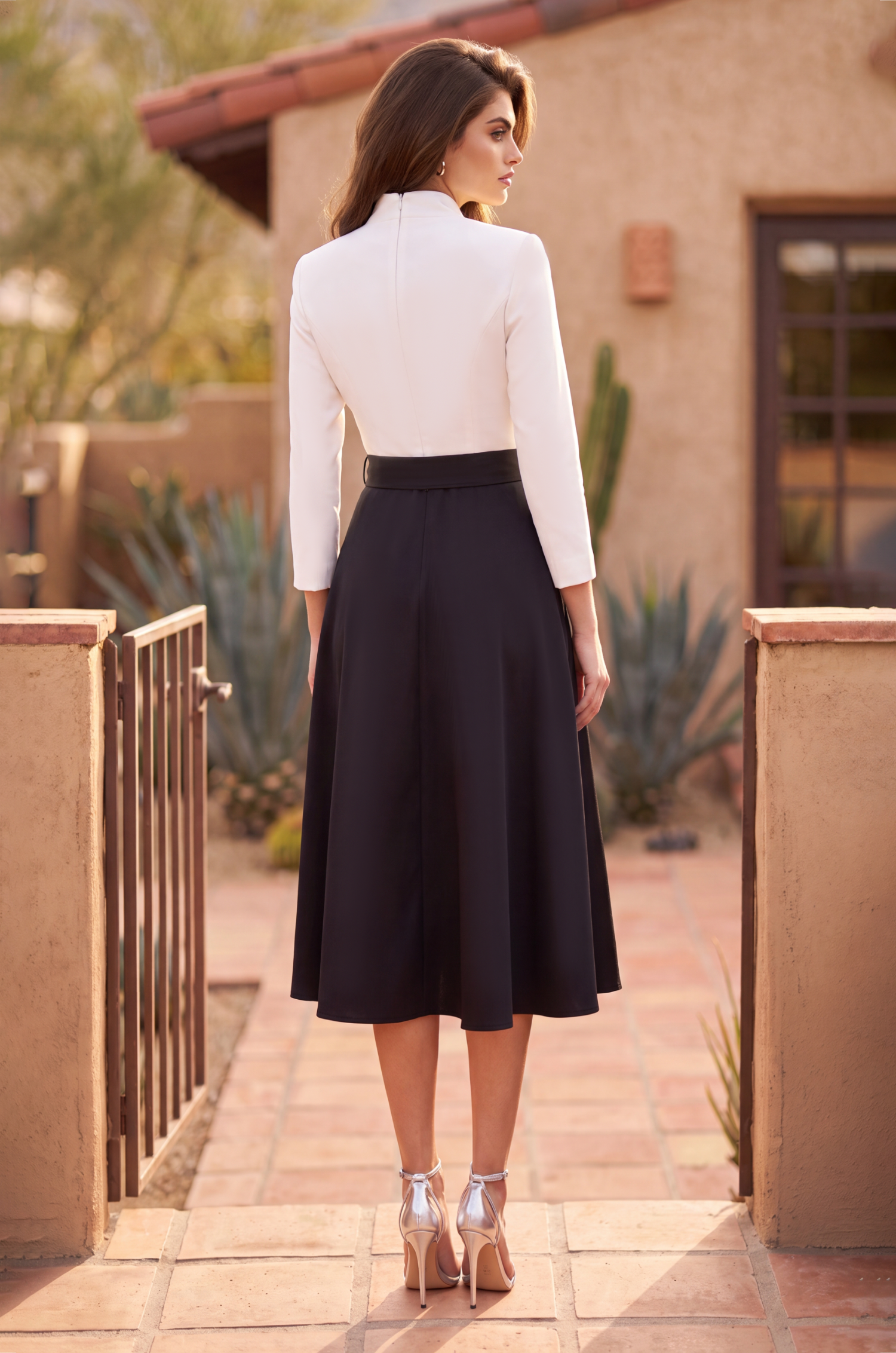 Cocktail Dresses Two Tone Formal Long Sleeve Midi Dress Black/White