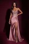 Long Strapless Corset Beaded Satin Prom Dress