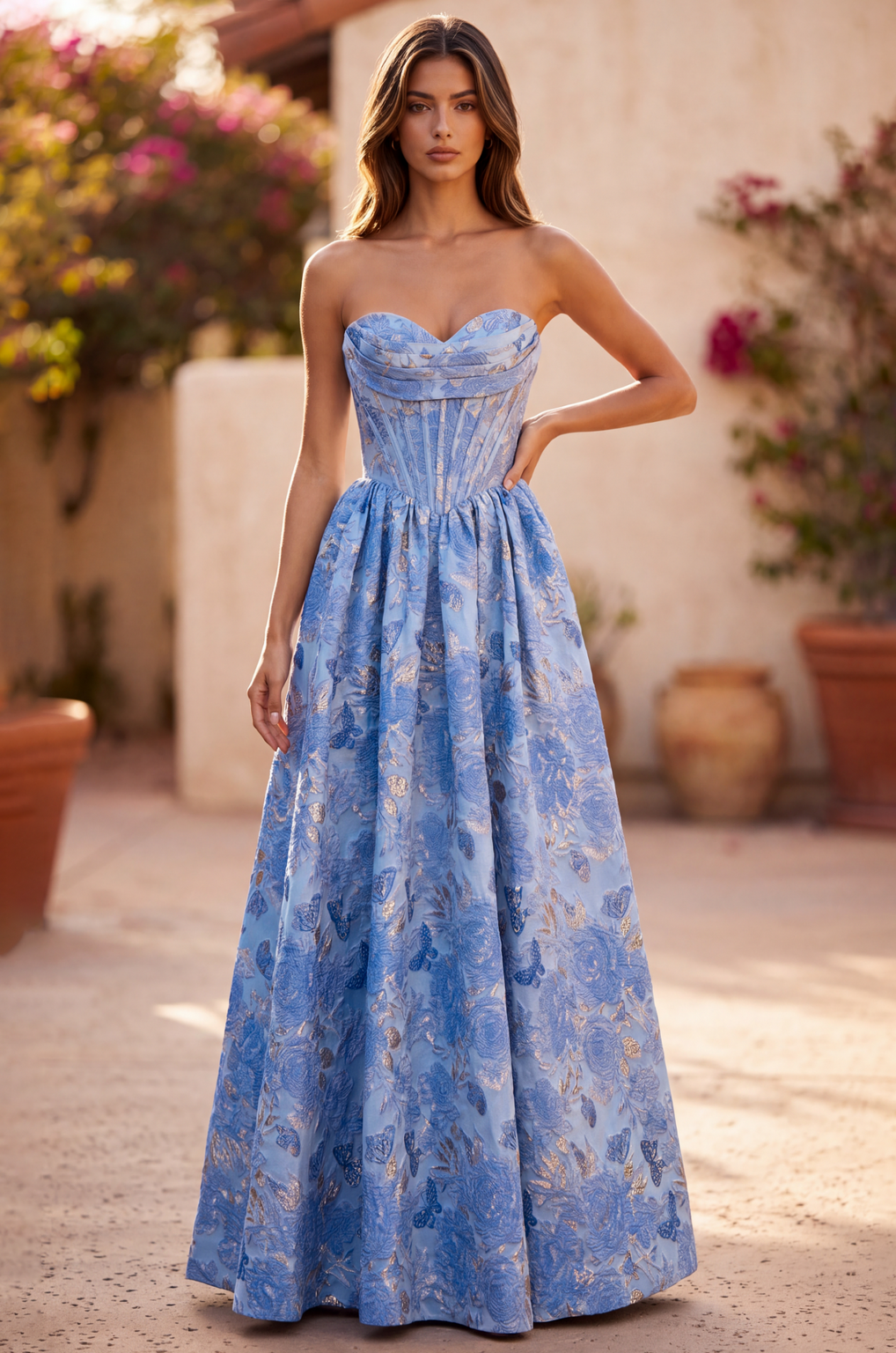 A Line Corset Jacquard Floral Dress with Metallic Accent Wholesale