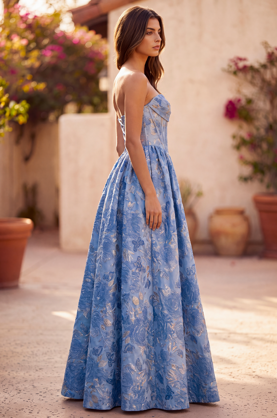A Line Corset Jacquard Floral Dress with Metallic Accent Wholesale