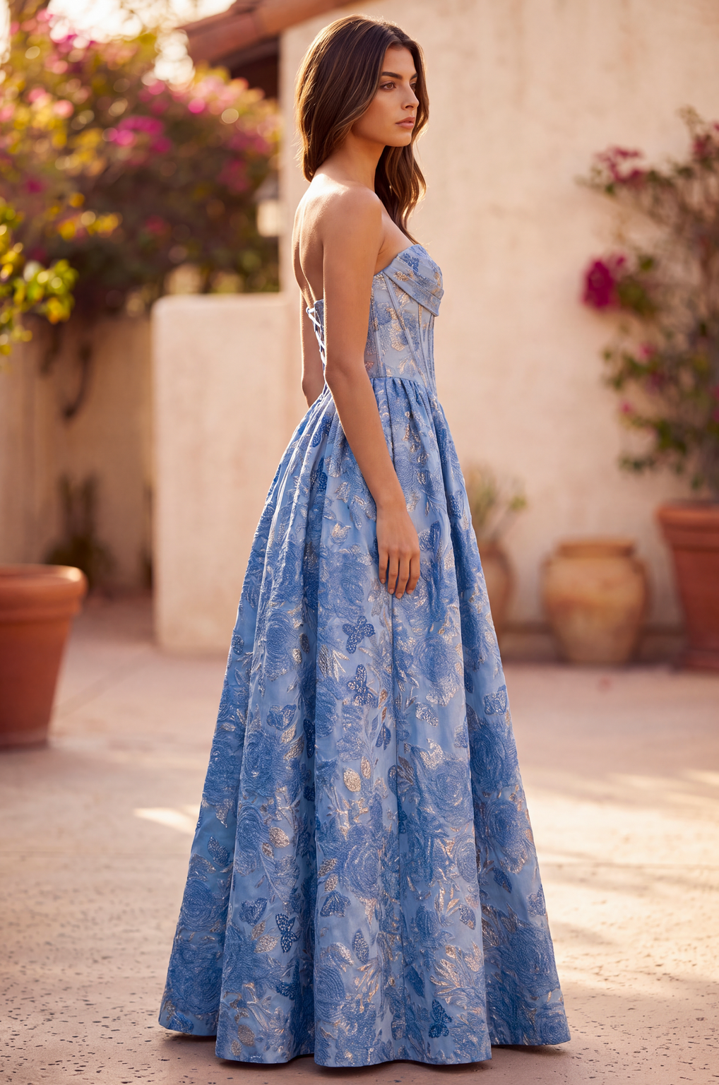 A Line Corset Jacquard Floral Dress with Metallic Accent Wholesale