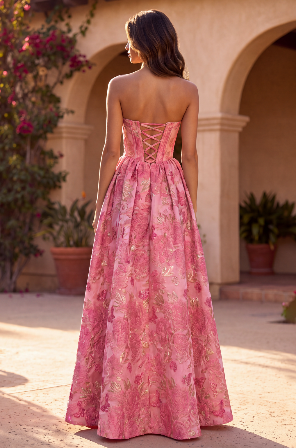 A Line Corset Jacquard Floral Dress with Metallic Accent Wholesale
