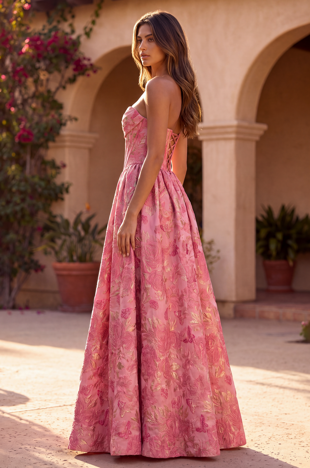 A Line Corset Jacquard Floral Dress with Metallic Accent Wholesale