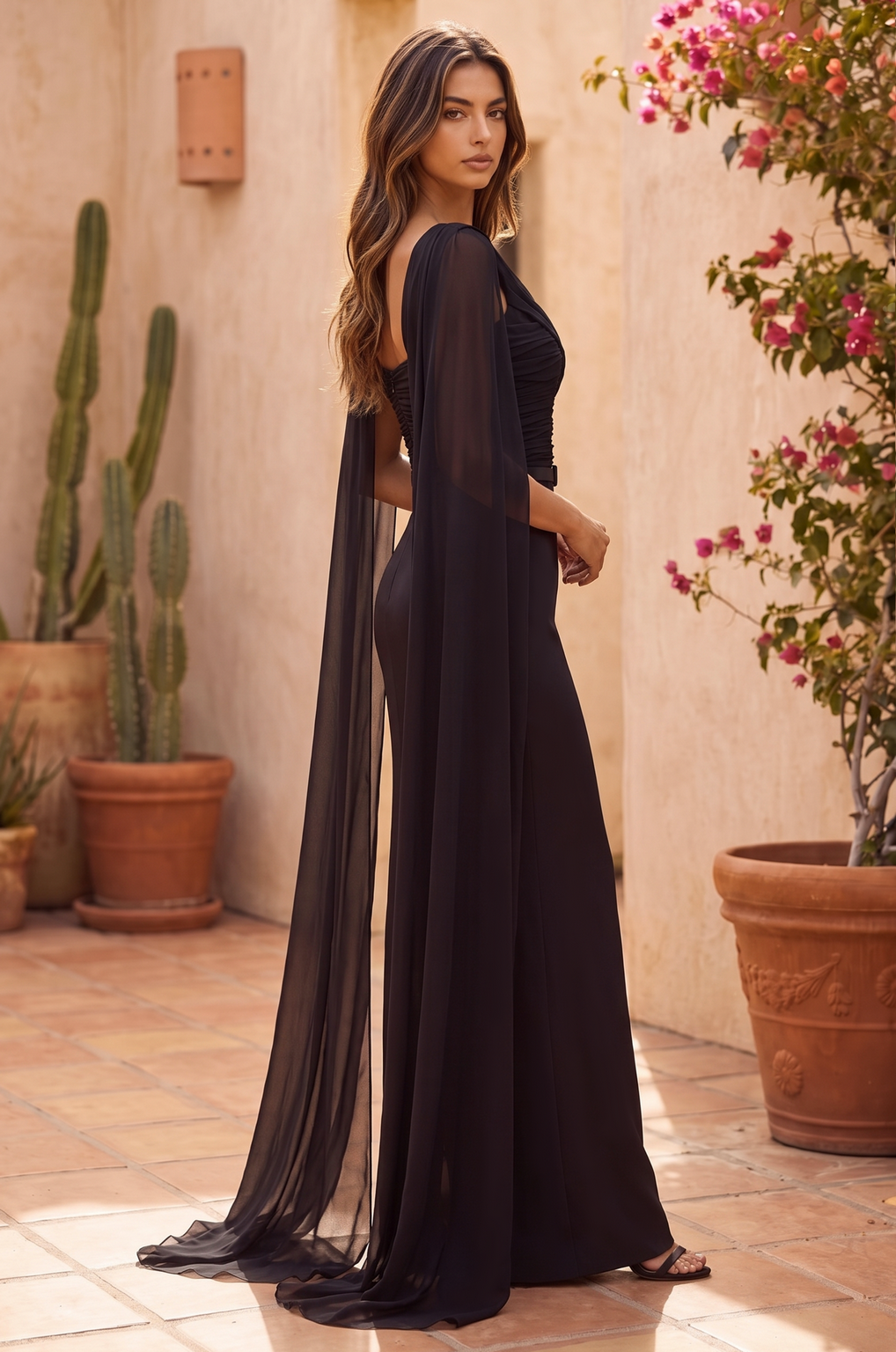 Long Modest Formal Cape Sleeve Evening Dress Wholesale