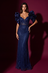Formal Beaded Sequined Puff Sleeve Evening Gown Wholesale