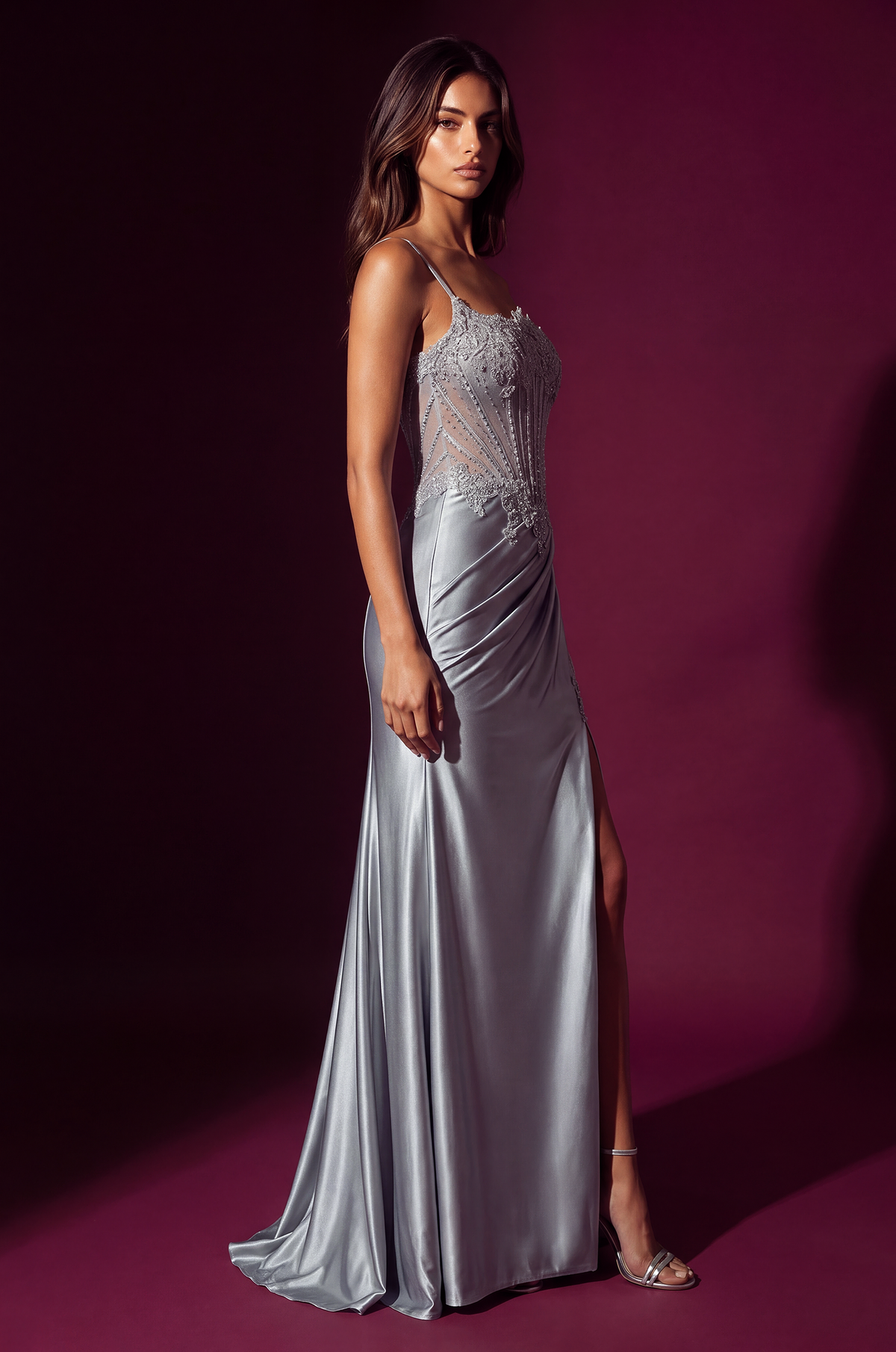 Beaded Sweetheart Corset Long Formal Dress, Dusty Blue, Side view