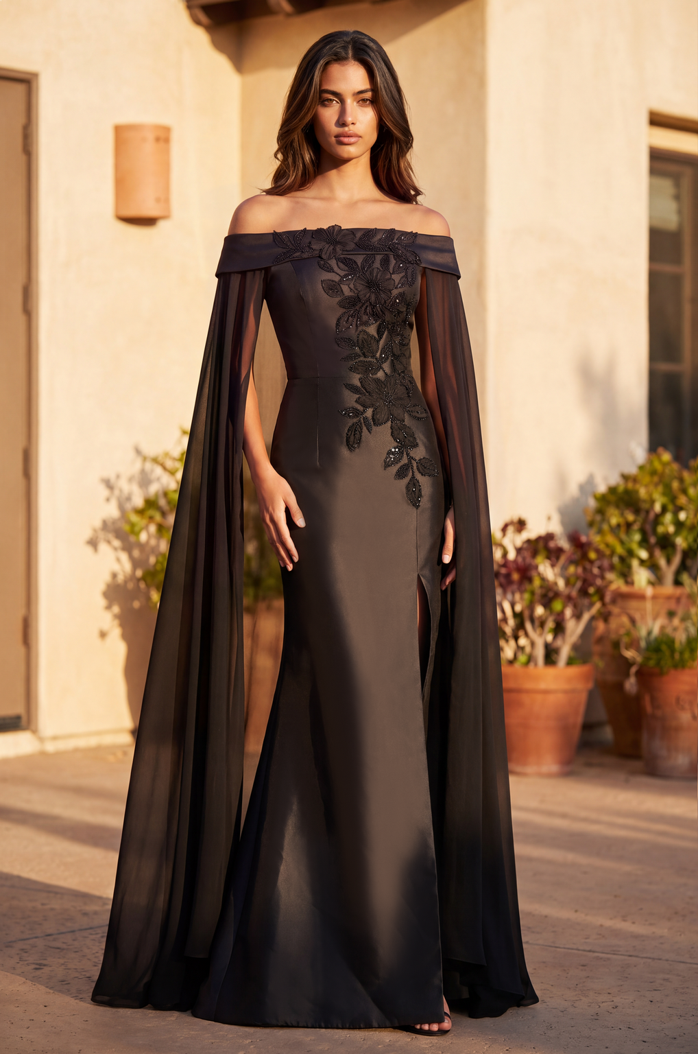 Off Shoulder Satin Long Formal Evening Cape Dress Wholesale