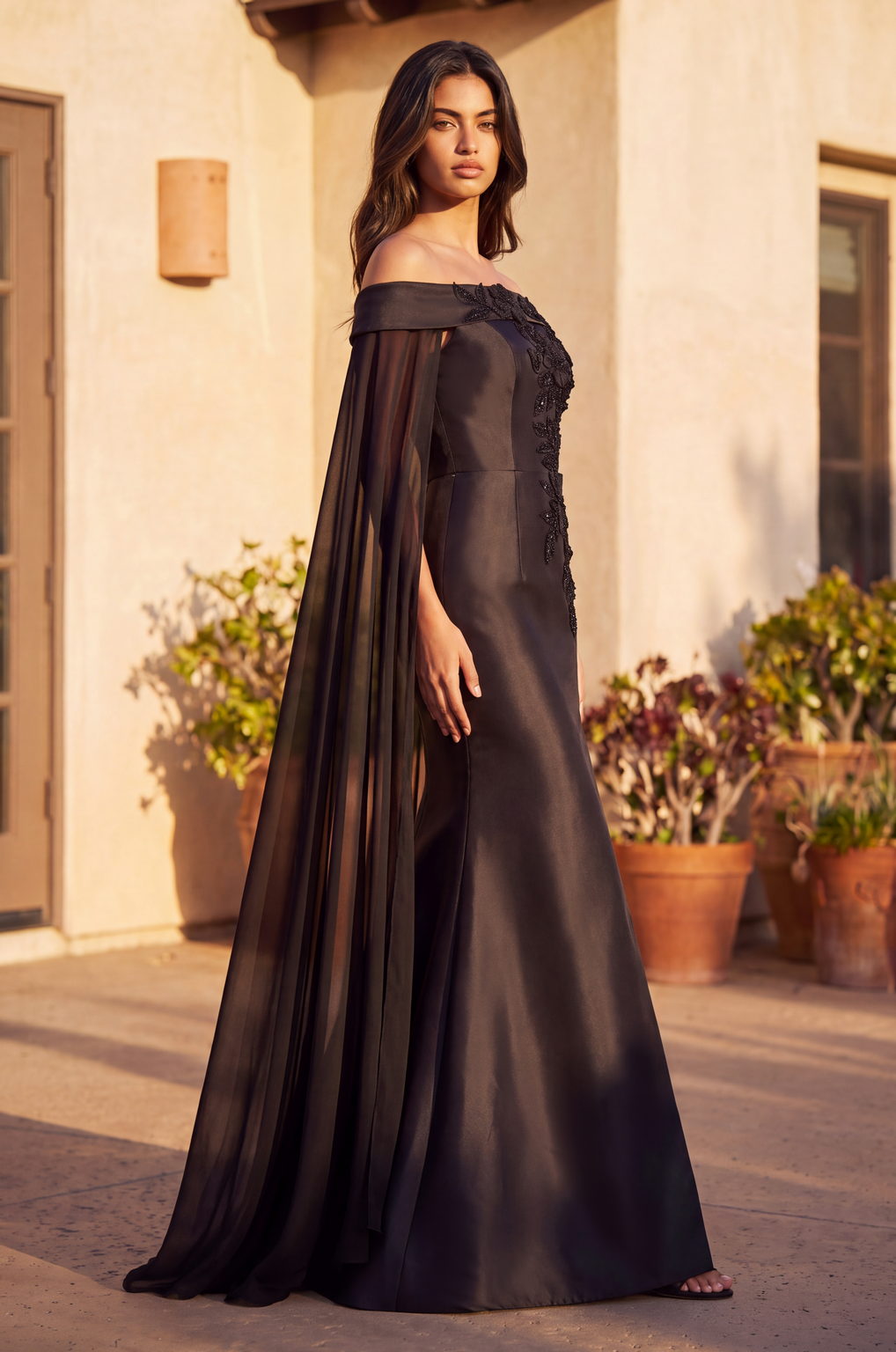 Off Shoulder Satin Long Formal Evening Cape Dress Wholesale