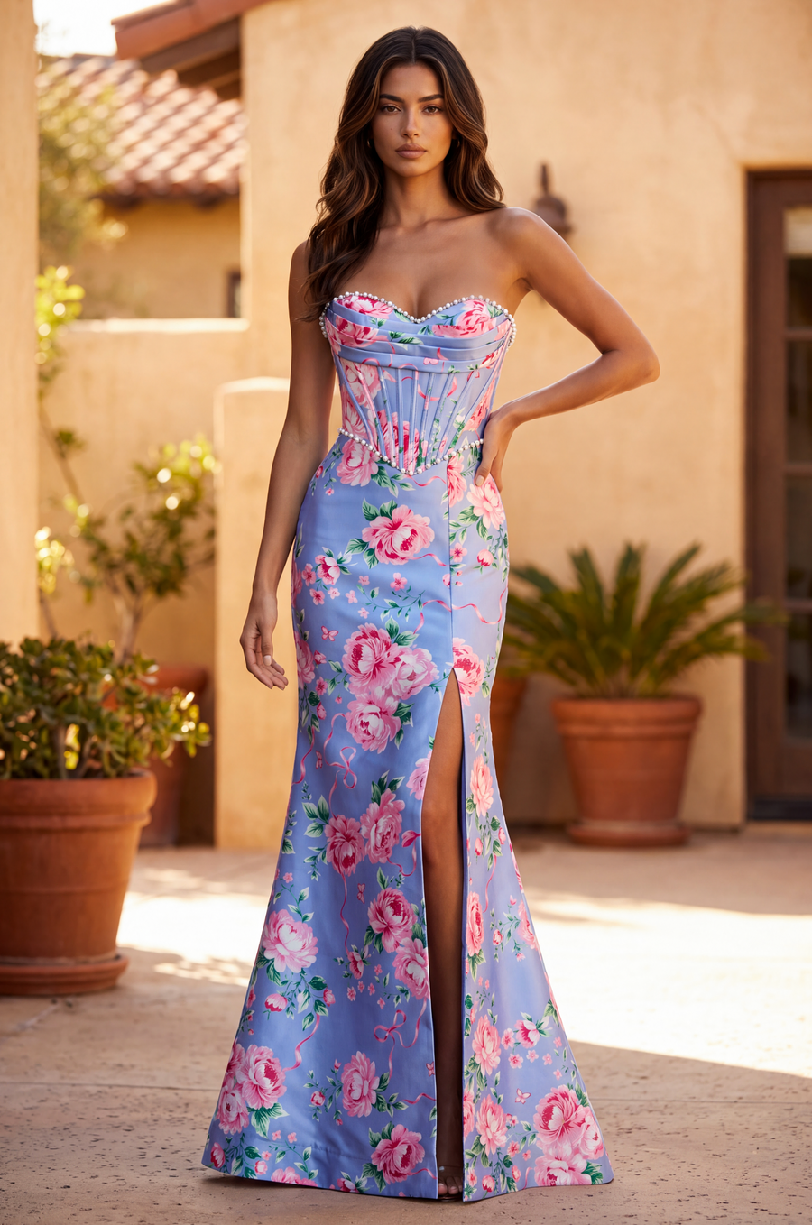 Formal Floral Satin Corset Prom Dress Wholesale