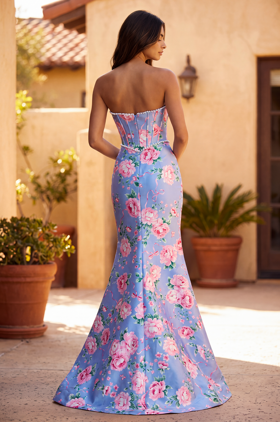Formal Floral Satin Corset Prom Dress Wholesale
