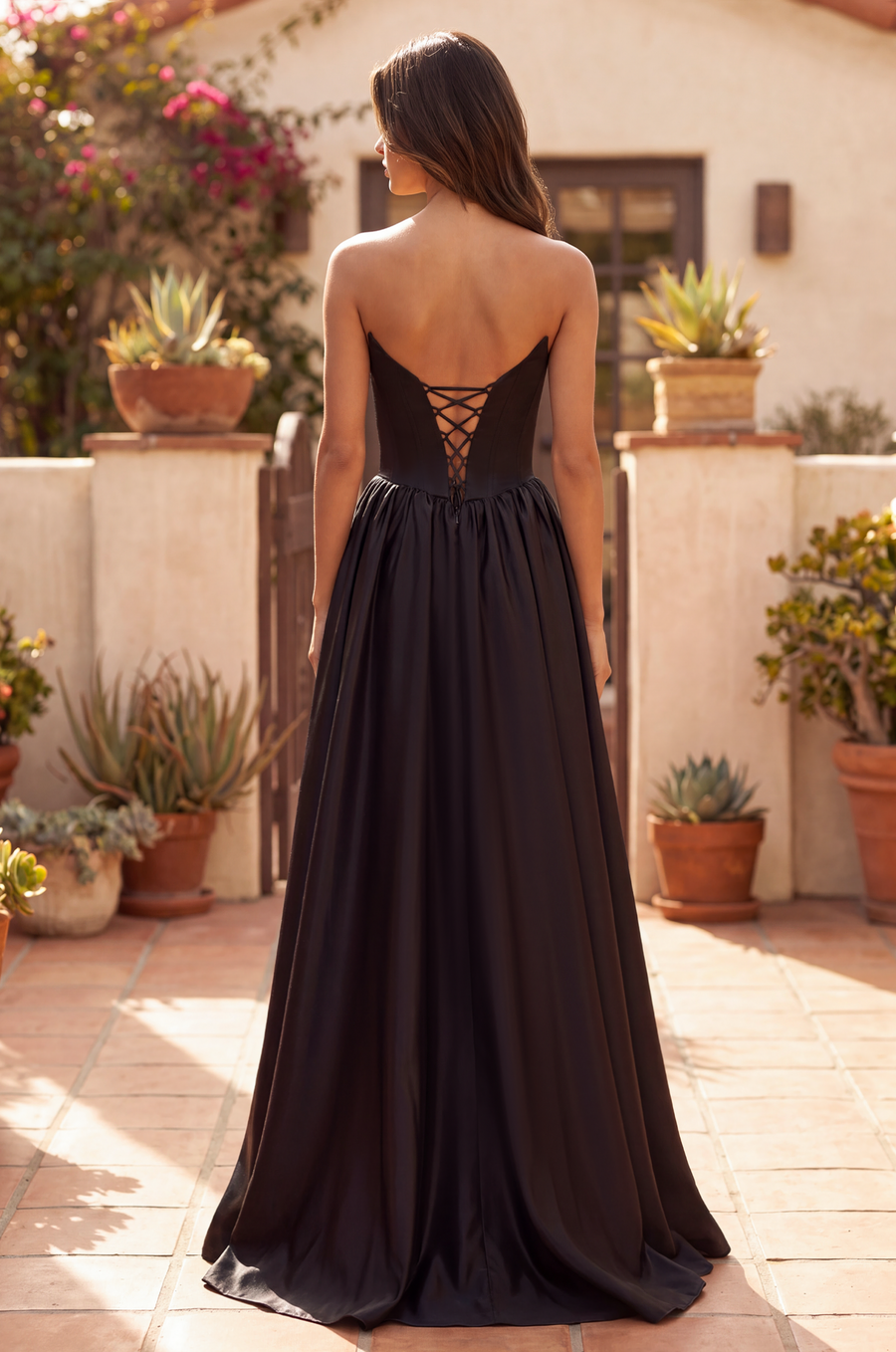 Full Skirt Satin Formal Gown with Drop Waist Corset Top and Pockets Wholesale