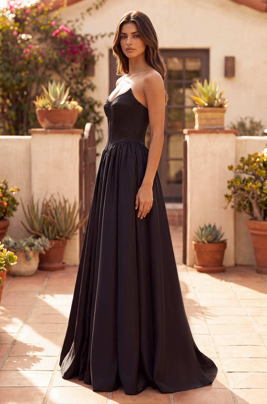 Full Skirt Satin Formal Gown with Drop Waist Corset Top and Pockets Wholesale