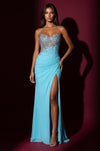 1695 Periwinkle strapless beaded ruched slit gown
