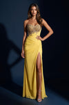 1695 Yellow strapless beaded ruched slit gown