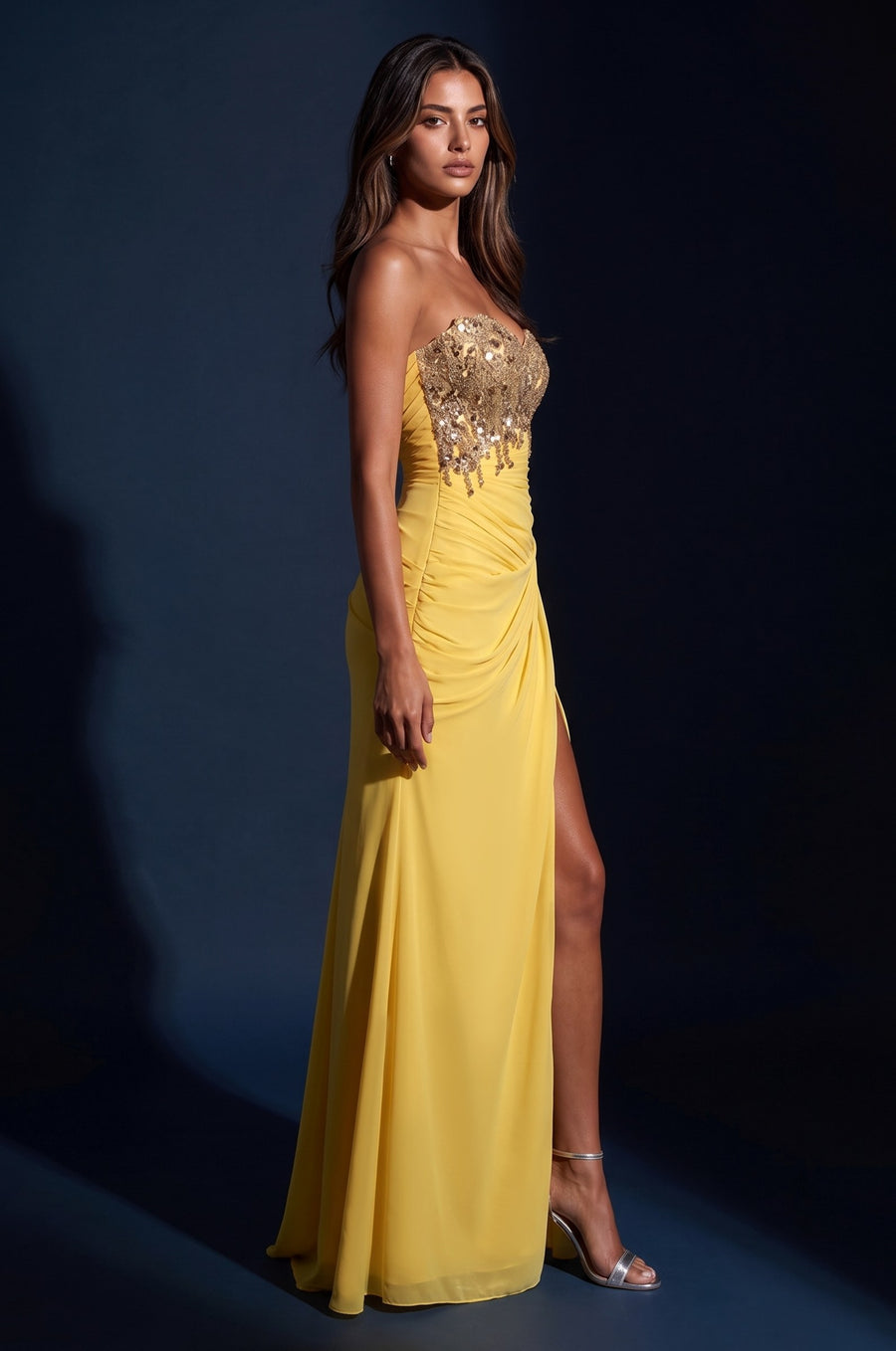 1695 Yellow strapless beaded ruched slit gown