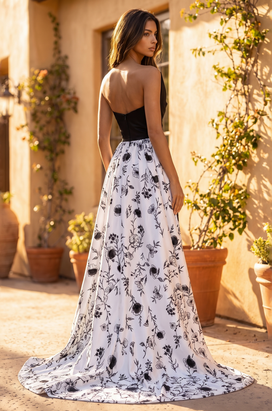 Asymmetric One-Shoulder Floral-Panel Floor-Length Gown Wholesale