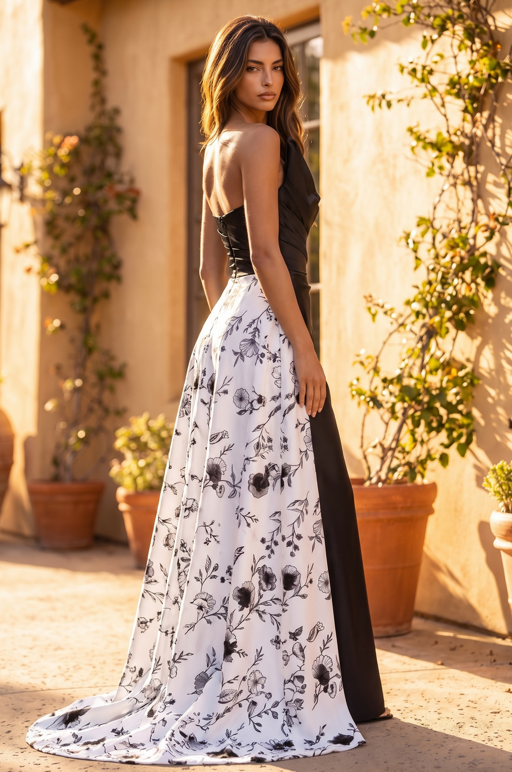 Asymmetric One-Shoulder Floral-Panel Floor-Length Gown Wholesale