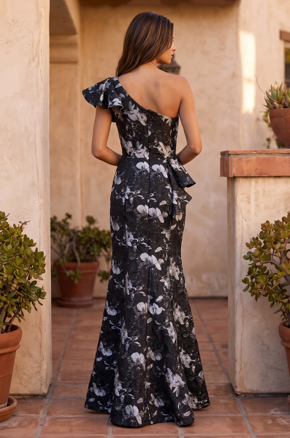 Floral One Shoulder Peplum Gown Wholesale