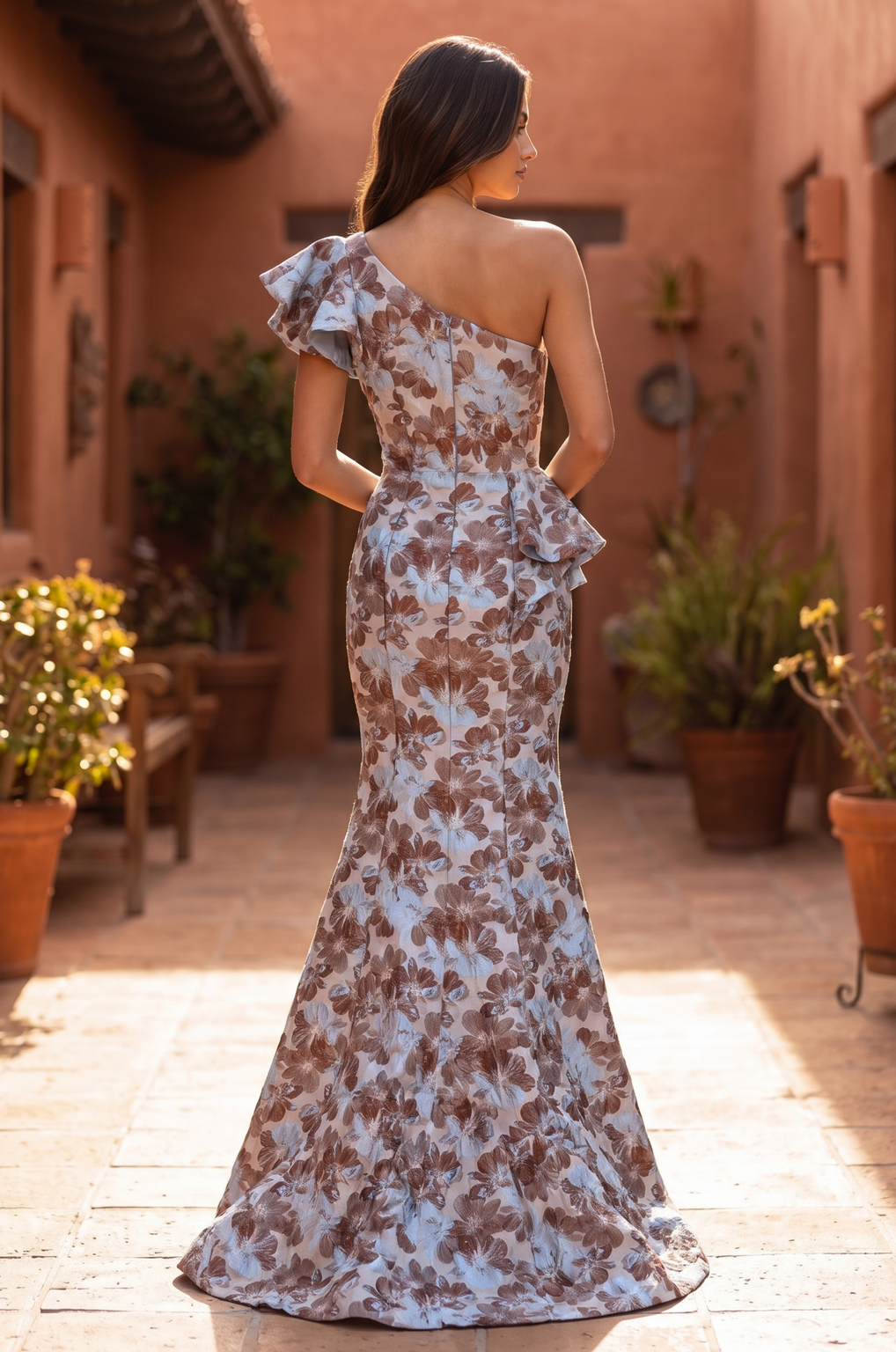 Floral One Shoulder Peplum Gown Wholesale