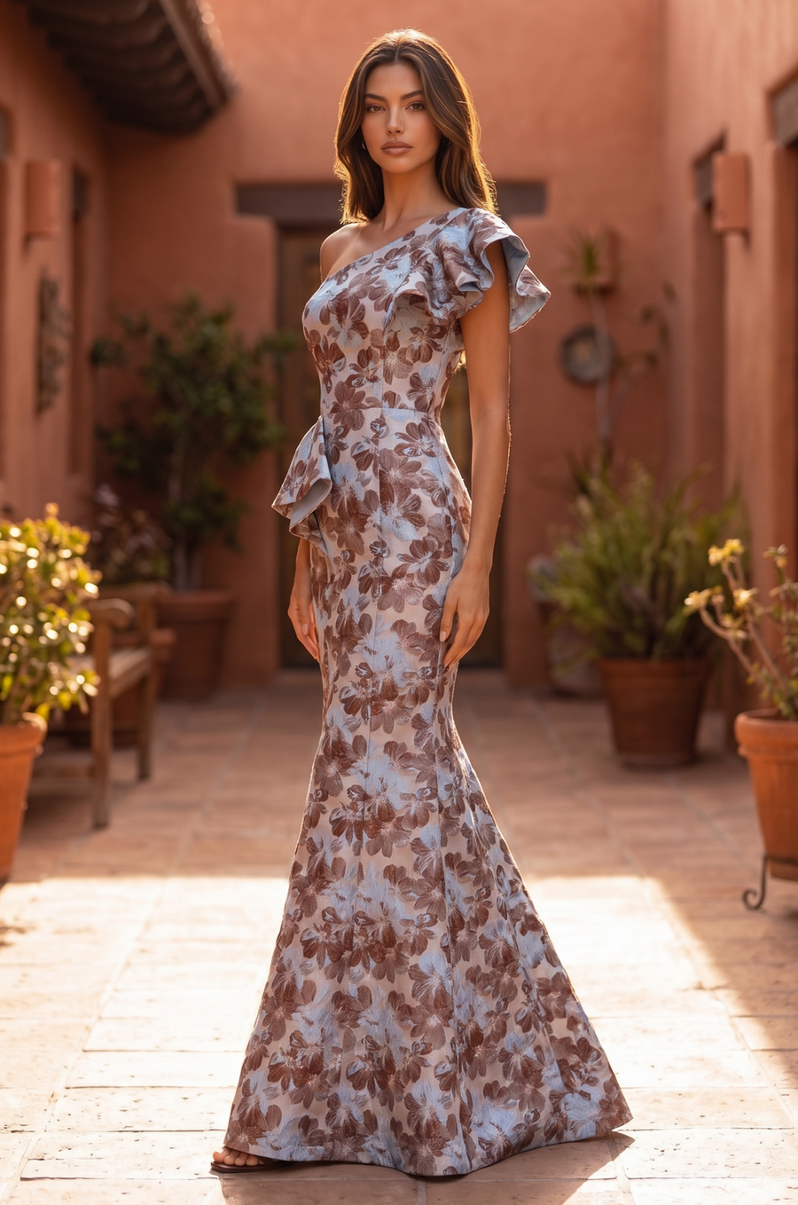 Floral One Shoulder Peplum Gown Wholesale