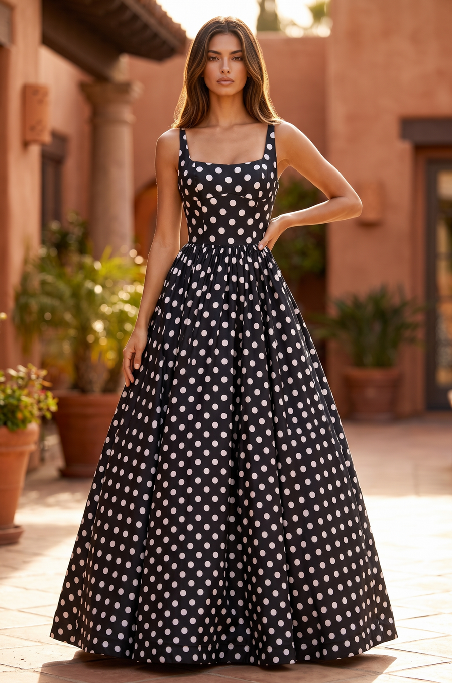 Square Neck Polka Dot Full Skirt Formal Gown Wholesale
