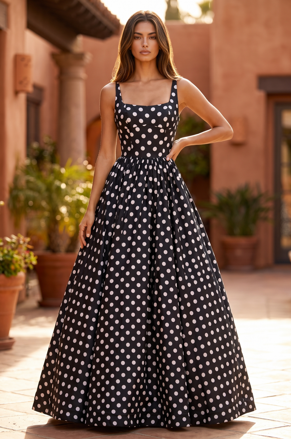 Square Neck Polka Dot Full Skirt Formal Gown Wholesale
