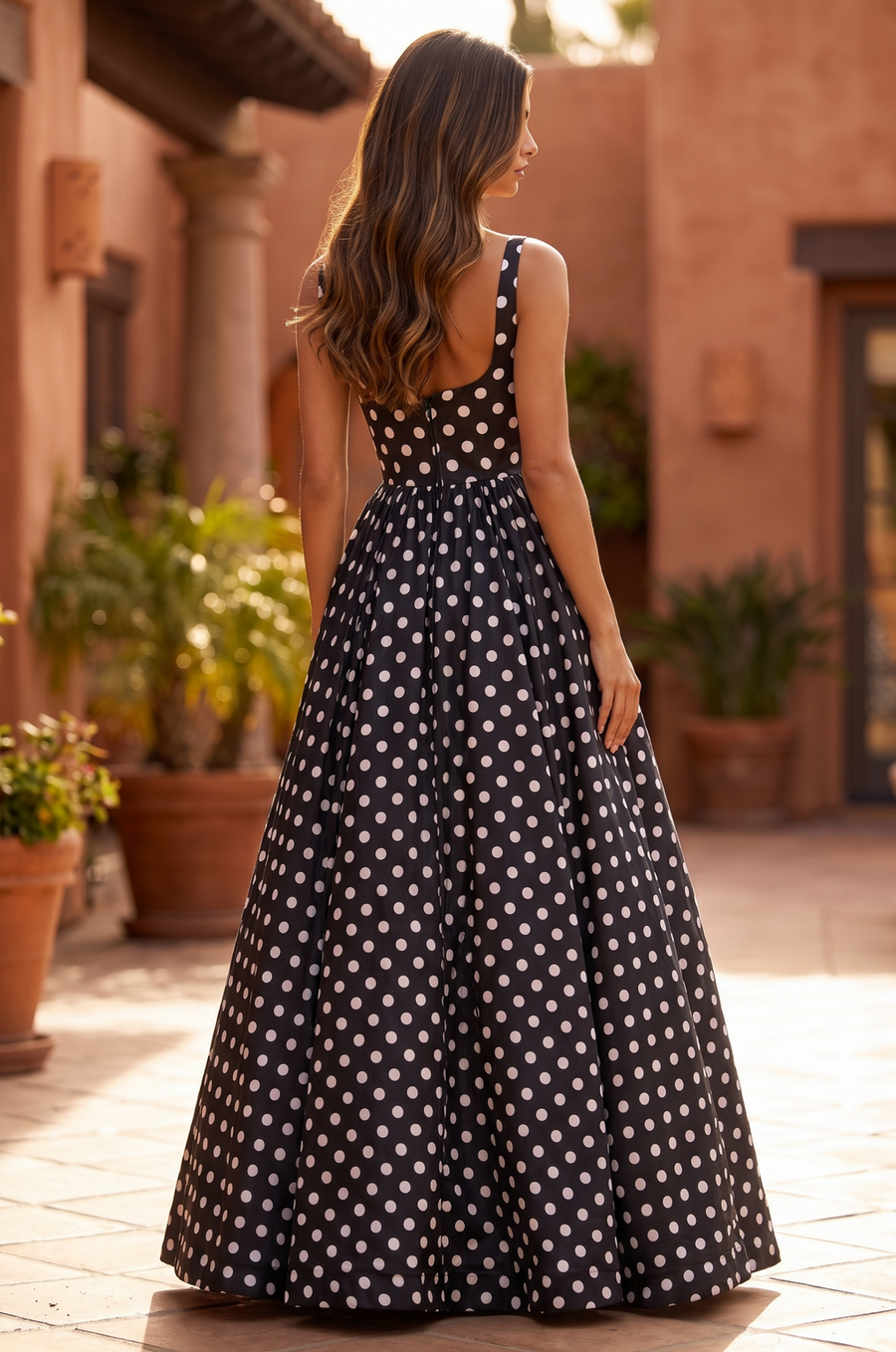 Square Neck Polka Dot Full Skirt Formal Gown Wholesale
