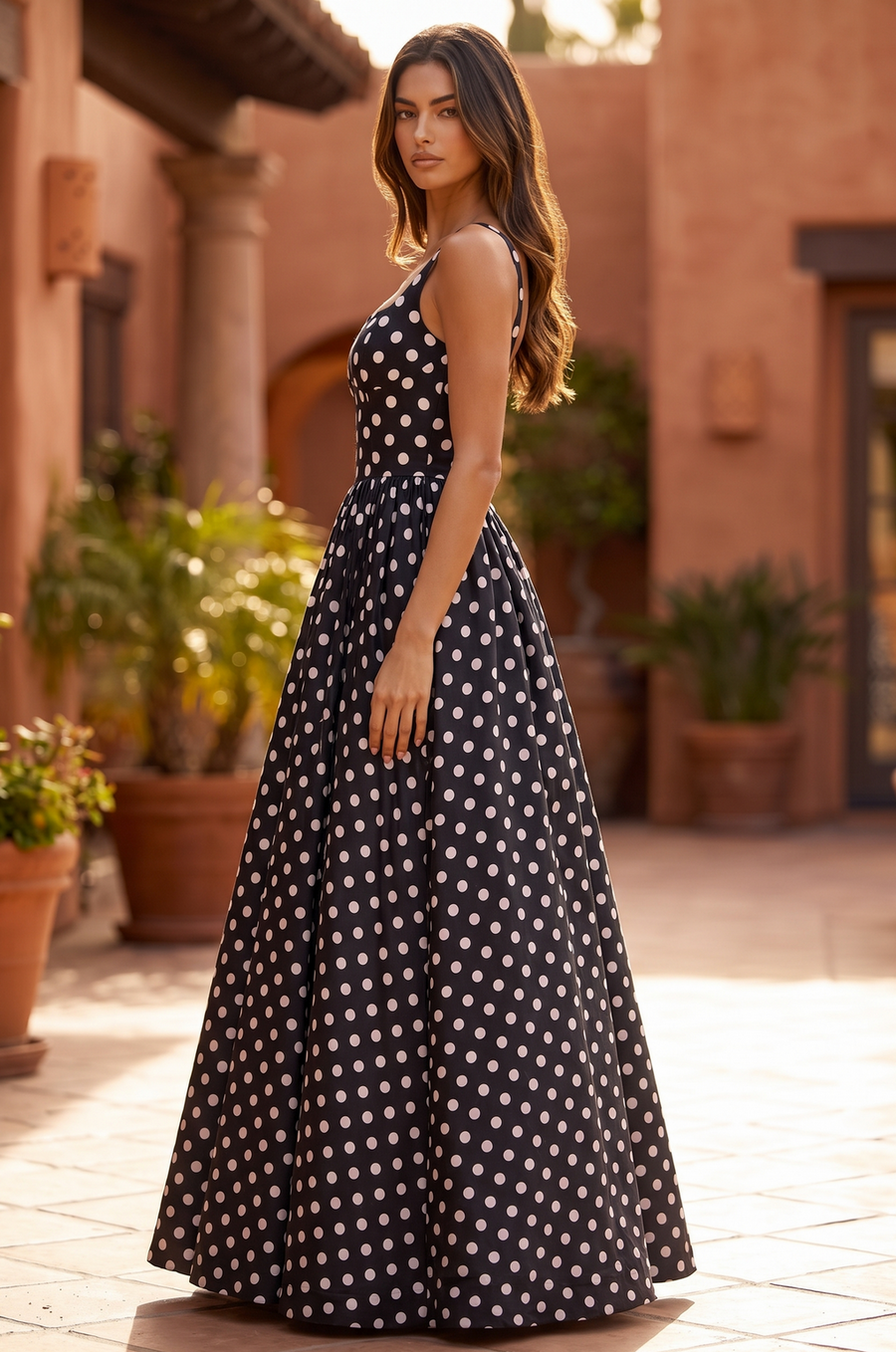 Square Neck Polka Dot Full Skirt Formal Gown Wholesale
