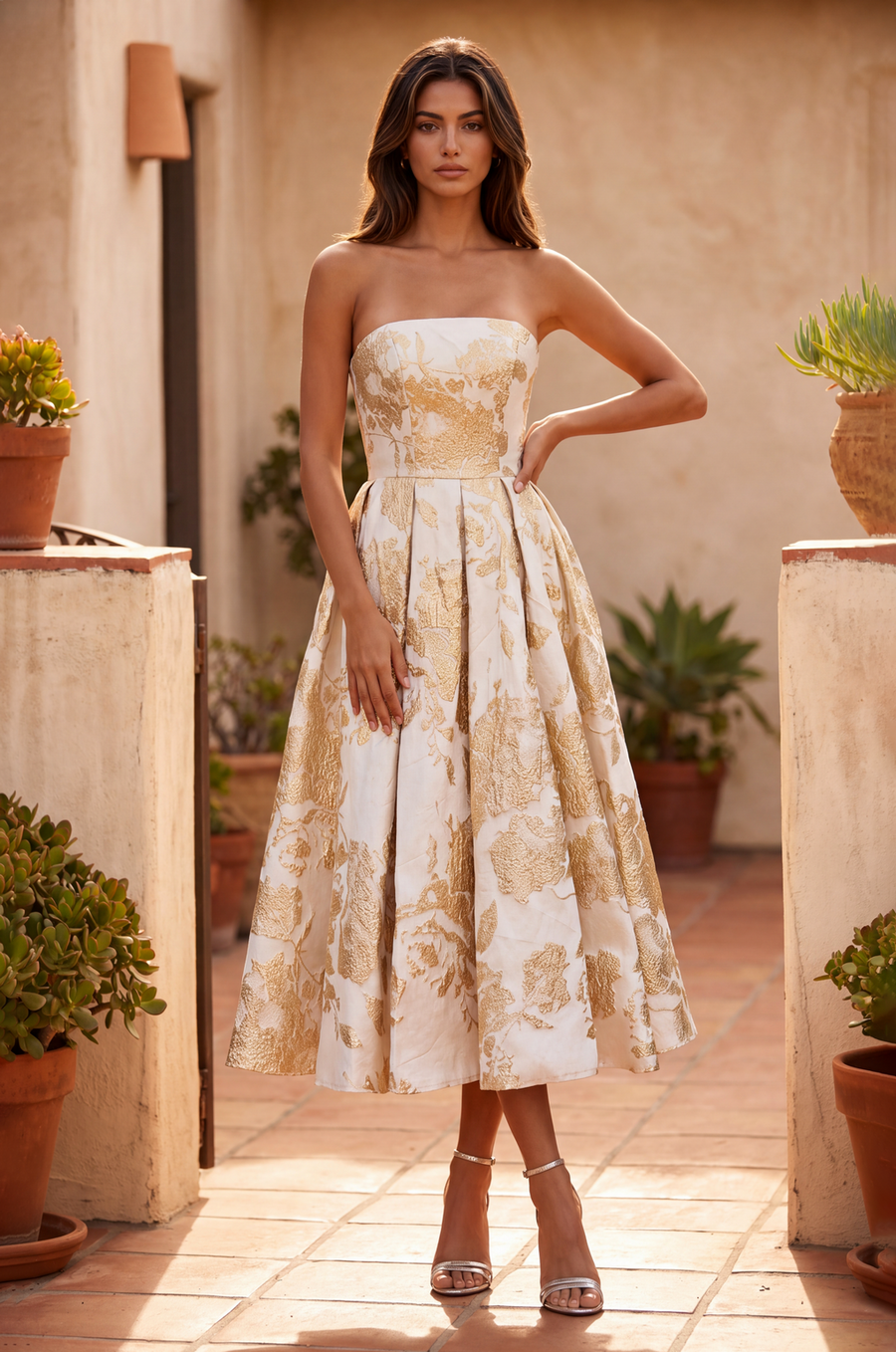Strapless Floral Brocade Midi Dress Wholesale