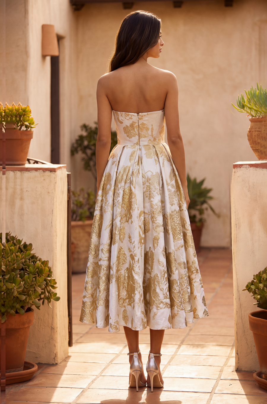 Strapless Floral Brocade Midi Dress Wholesale