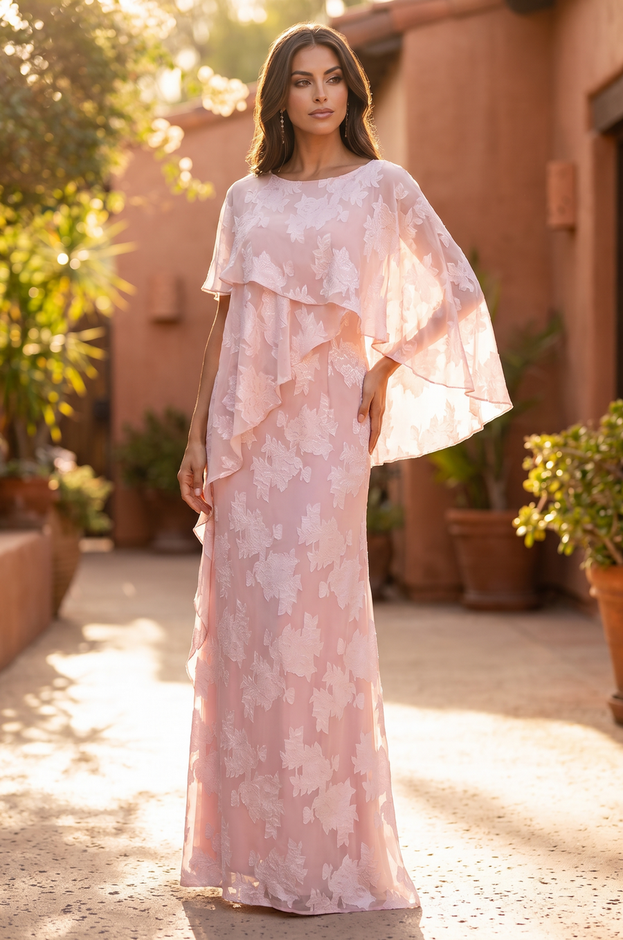 Floral Applique Cape Sleeve Overlay Formal Gown Wholesale