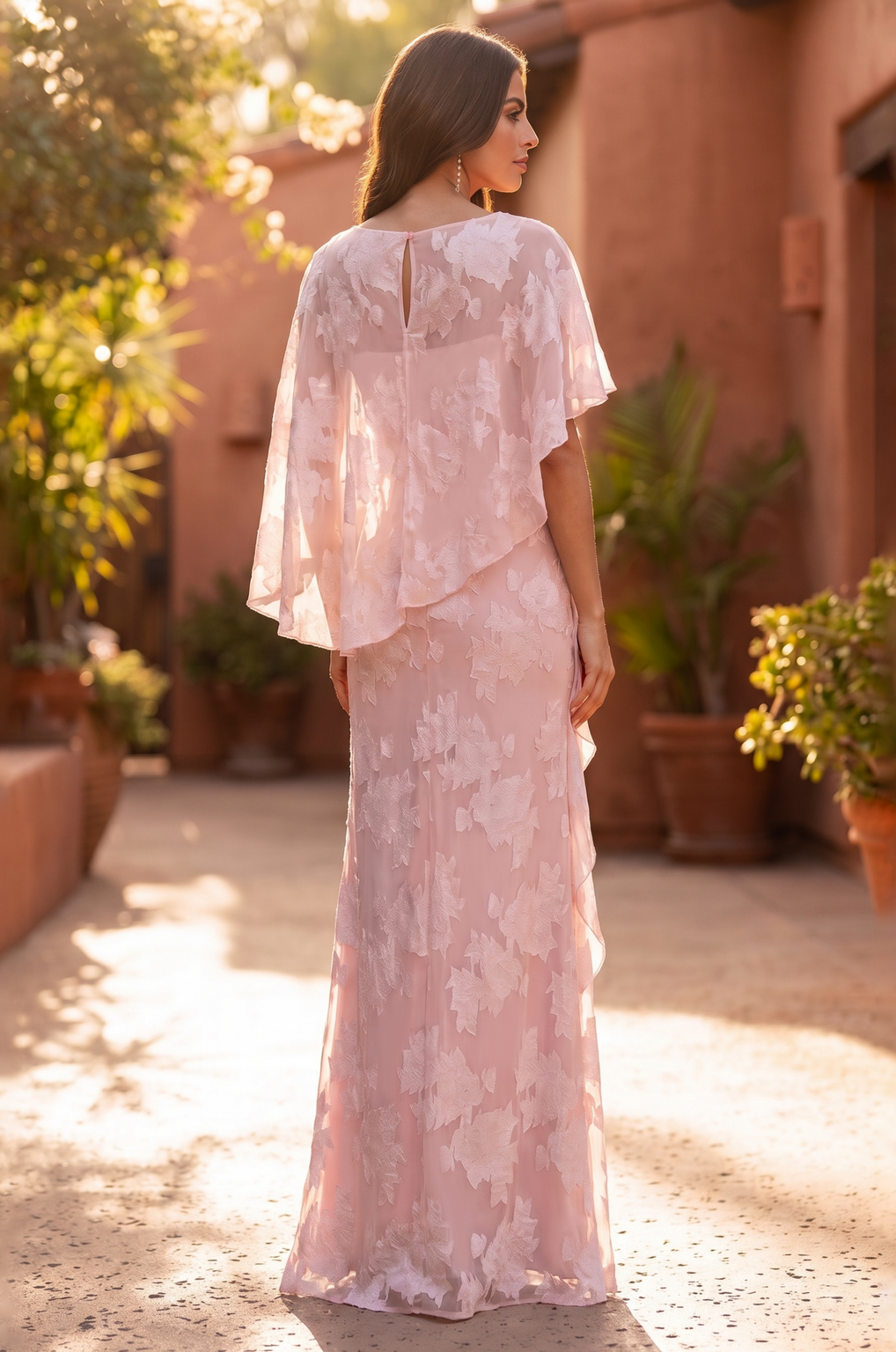 Floral Applique Cape Sleeve Overlay Formal Gown Wholesale
