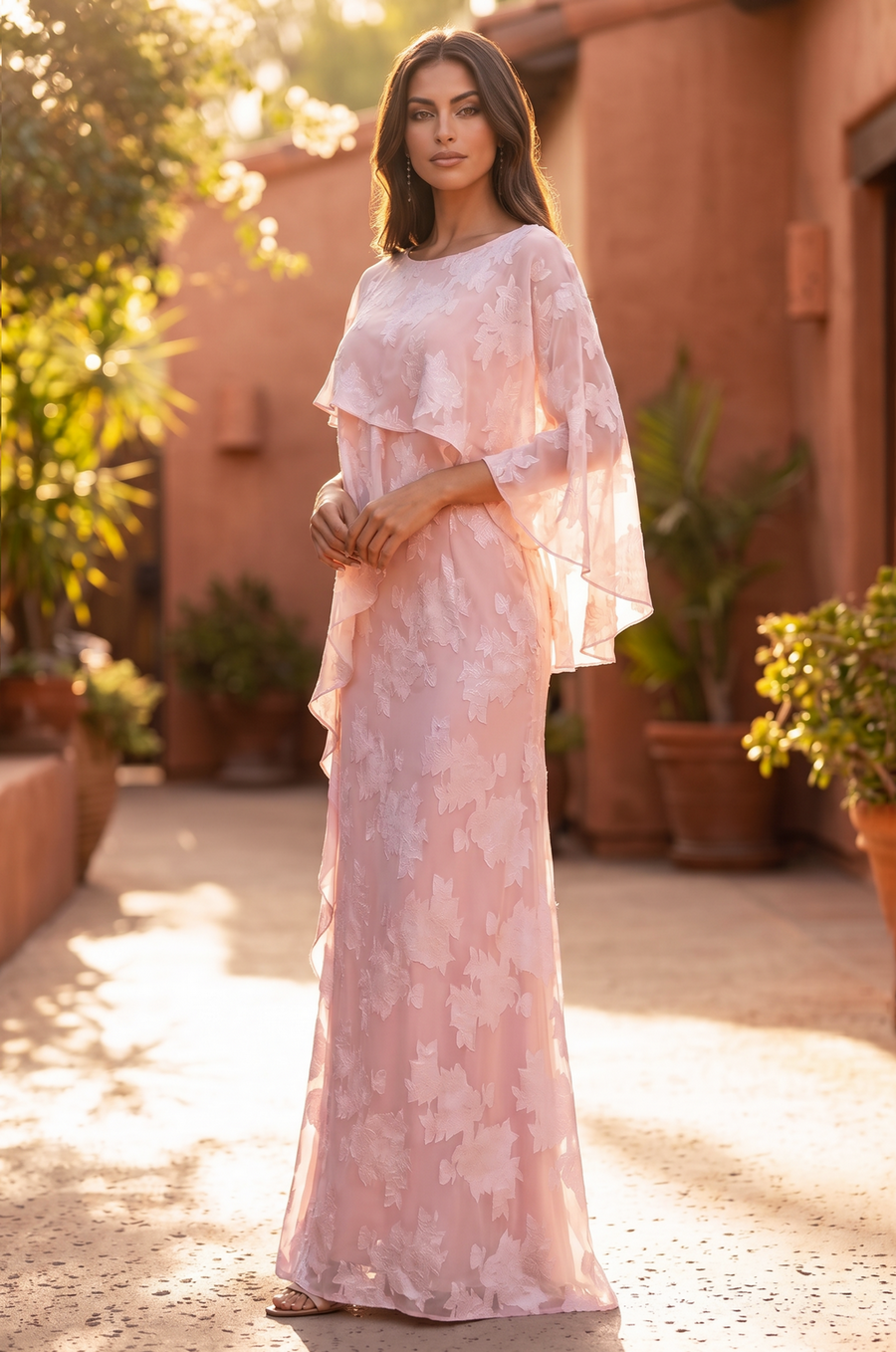 Floral Applique Cape Sleeve Overlay Formal Gown Wholesale