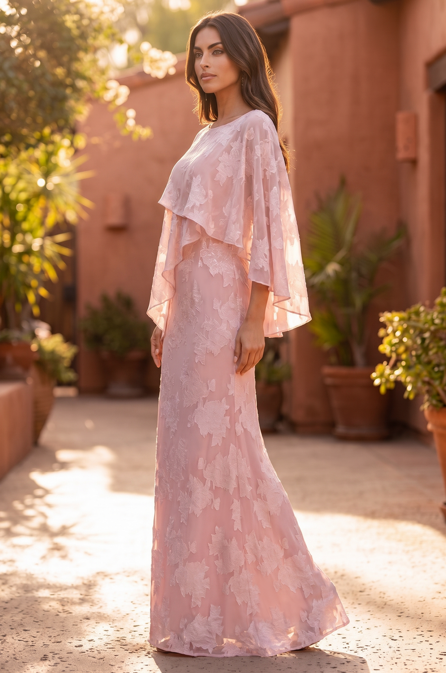 Floral Applique Cape Sleeve Overlay Formal Gown Wholesale