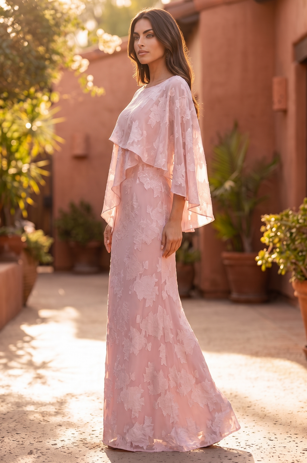 Floral Applique Cape Sleeve Overlay Formal Gown Wholesale