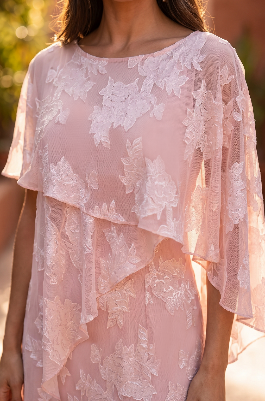 Floral Applique Cape Sleeve Overlay Formal Gown Wholesale