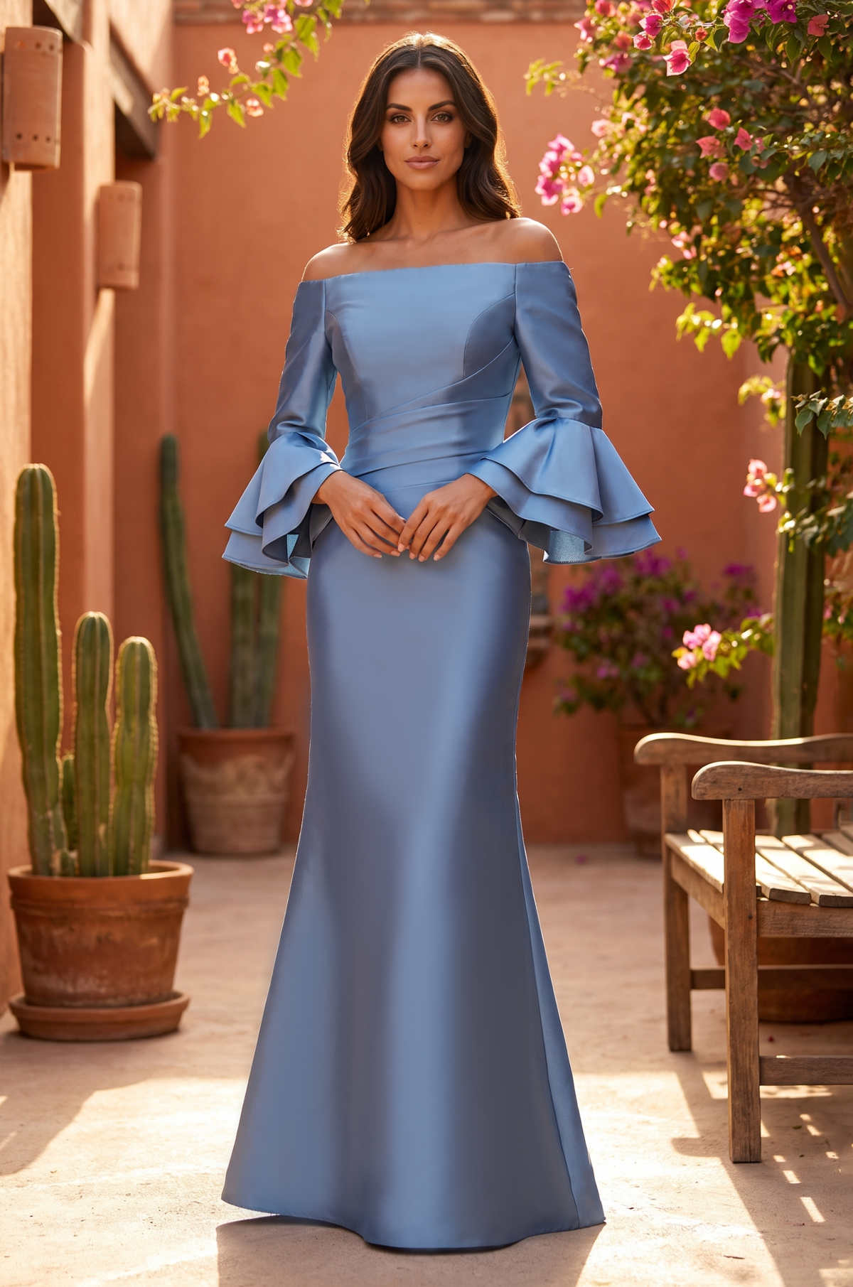 Formal Dress Bell Sleeve Satin Evening Gown Wholesale