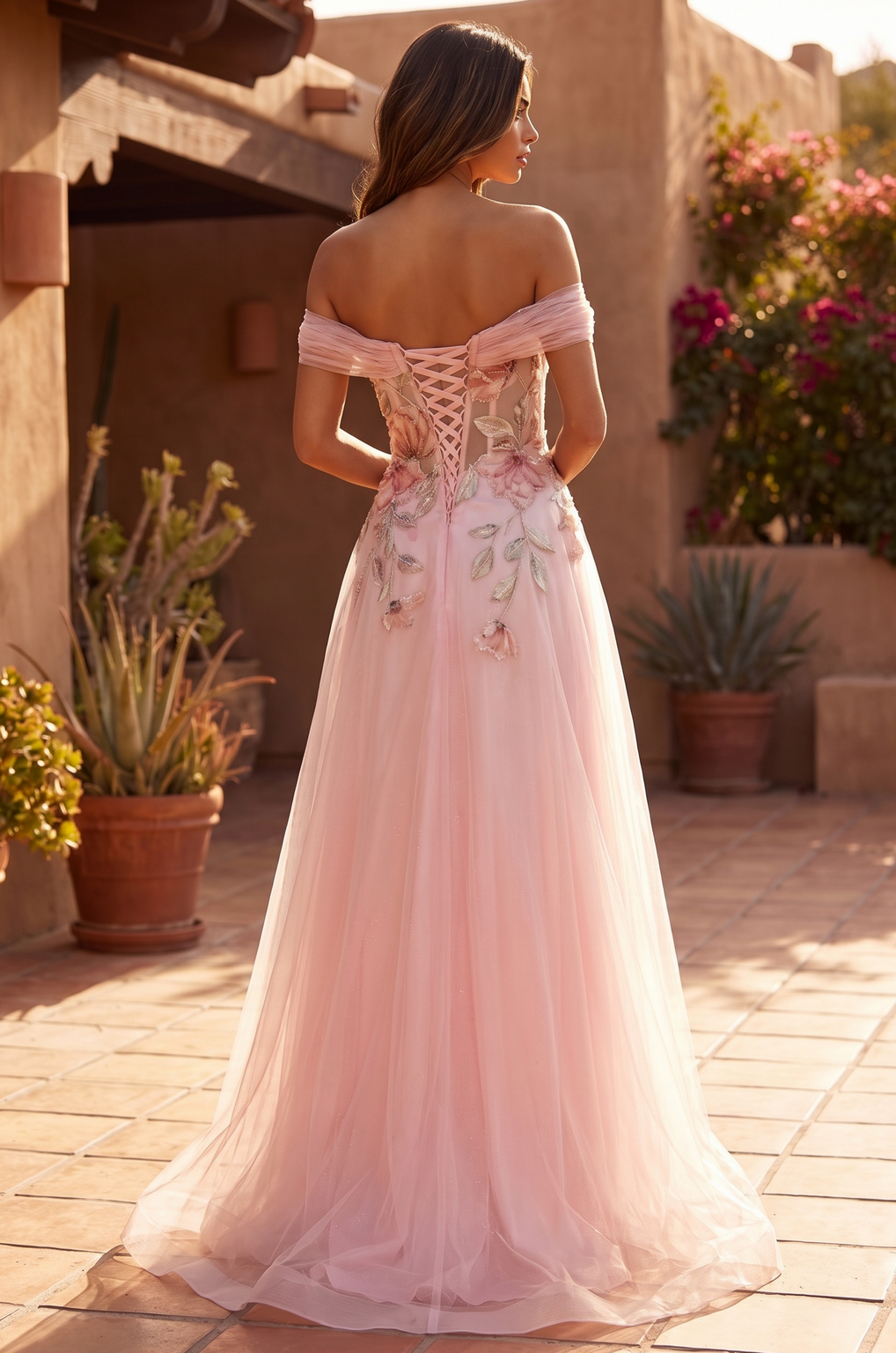Off Shoulder Floral Applique A-Line Gown Wholesale