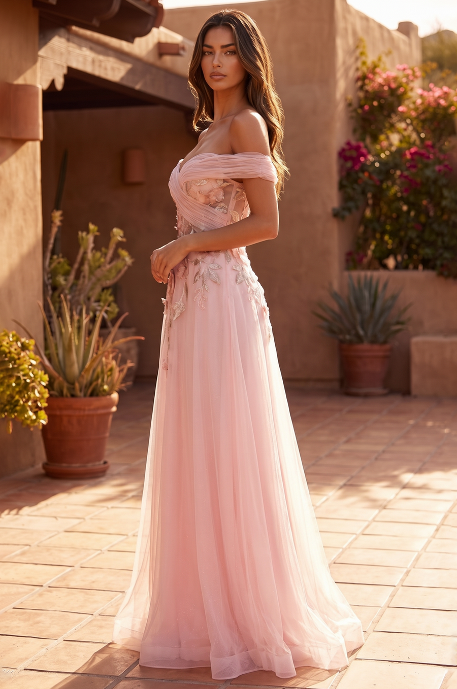 Off Shoulder Floral Applique A-Line Gown Wholesale