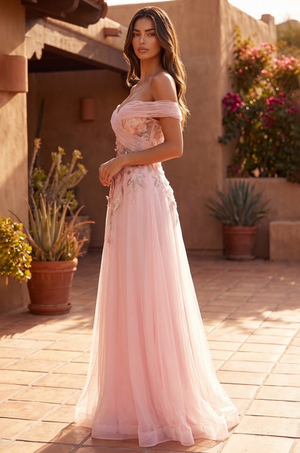 Off Shoulder Floral Applique A-Line Gown Wholesale