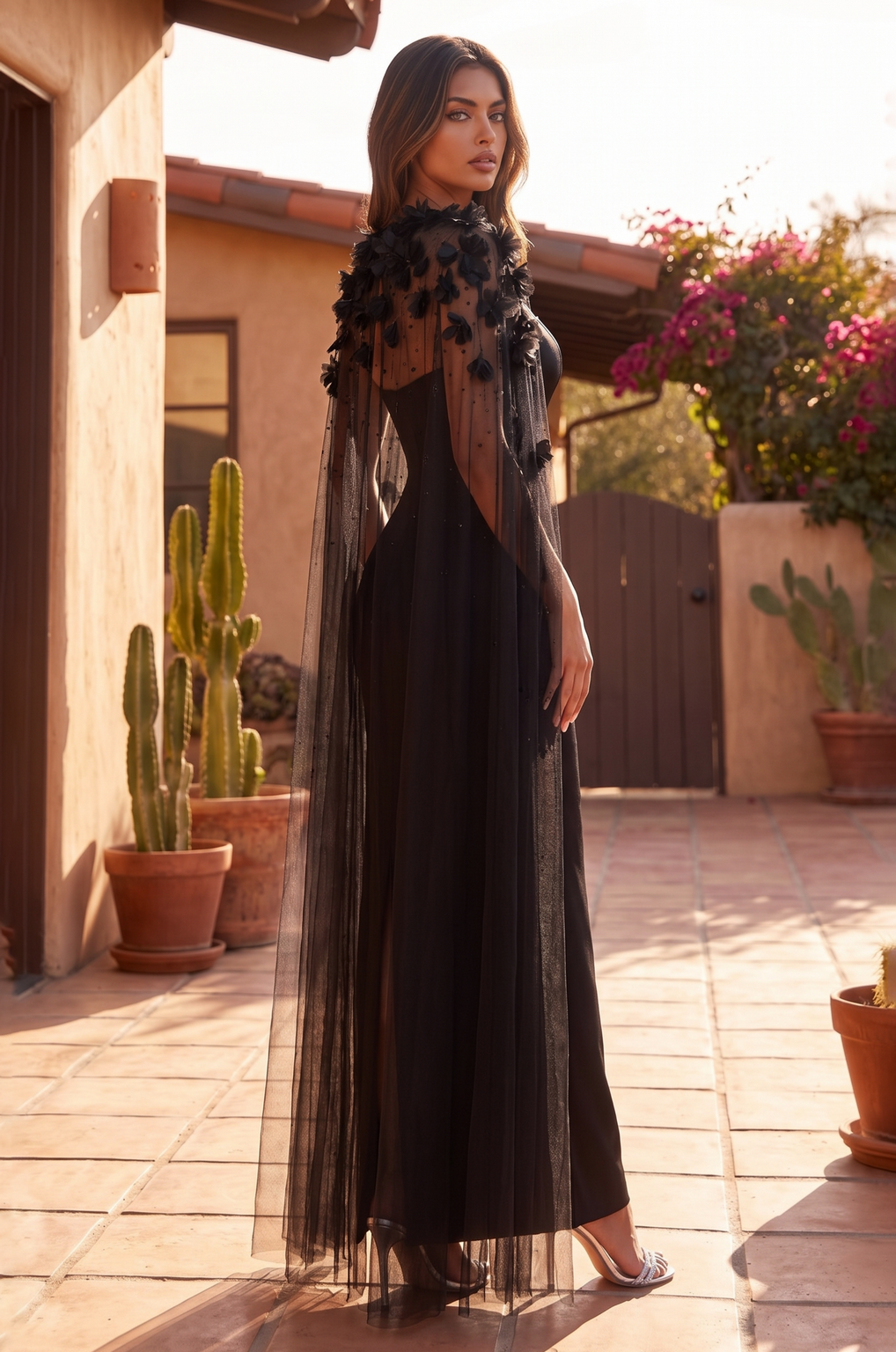 Long Fitted Feather Cape Formal Dress Wholesale