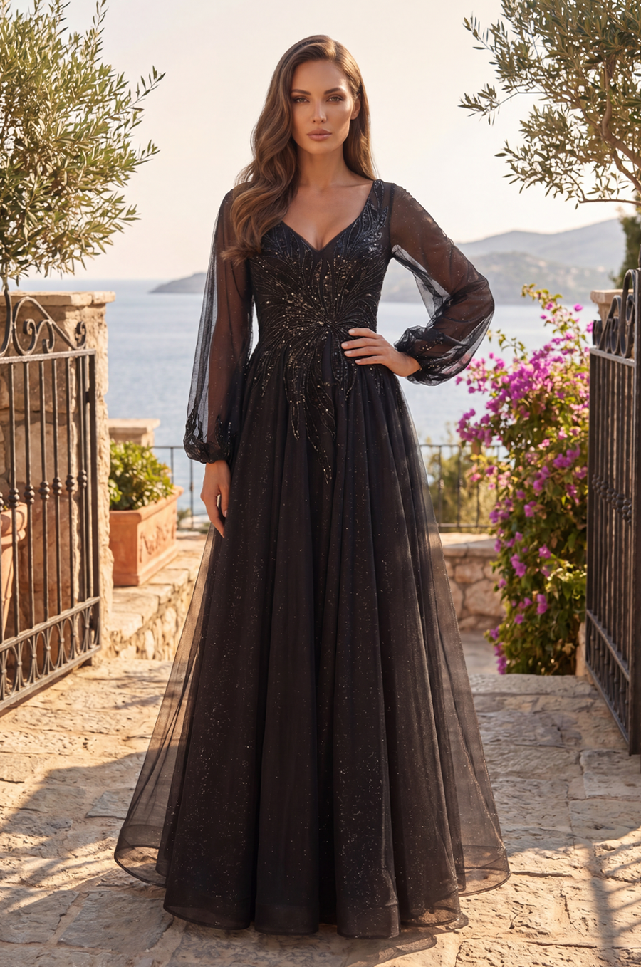 V Neck Long Sleeve Formal Evening Dress Wholesale