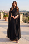 Pleated A Line Long Formal High Neck Cape Sleeve Dress Wholesale